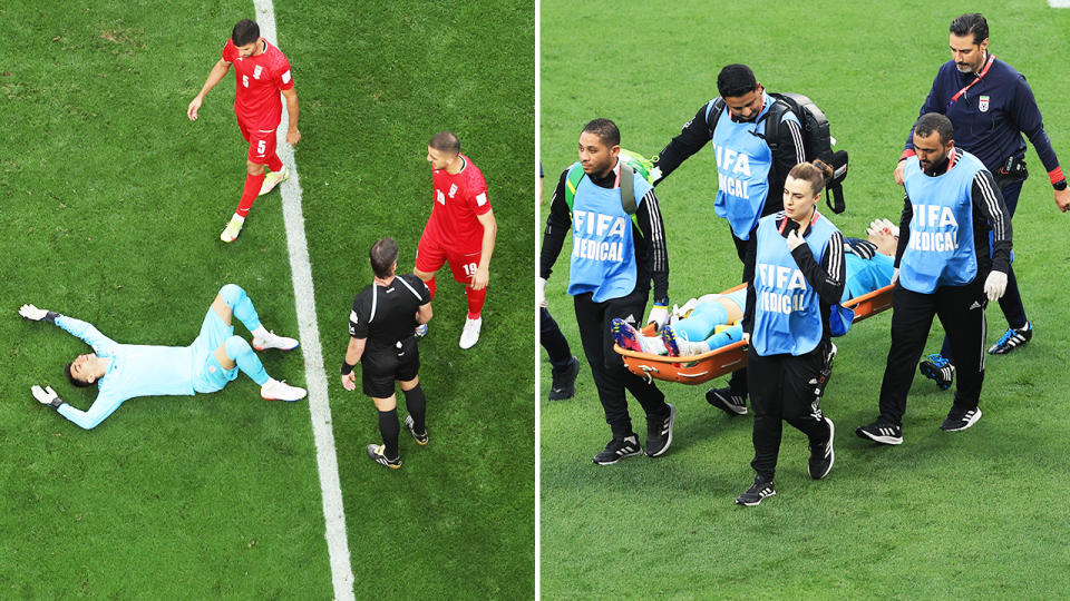 Alireza Beiranvand, pictured here after suffering a serious concussion at the World Cup.