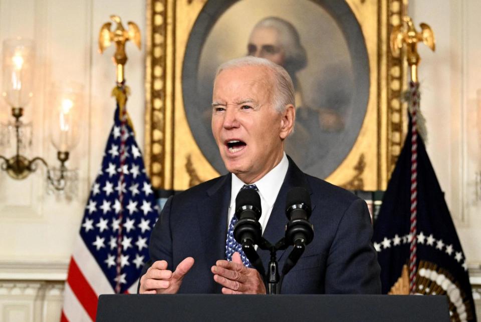 PHOTO: President Joe Biden answers questions in the Diplomatic Reception Room of the White House in Washington, DC, on February 8, 2024. (Mandel Ngan/AFP via Getty Images)