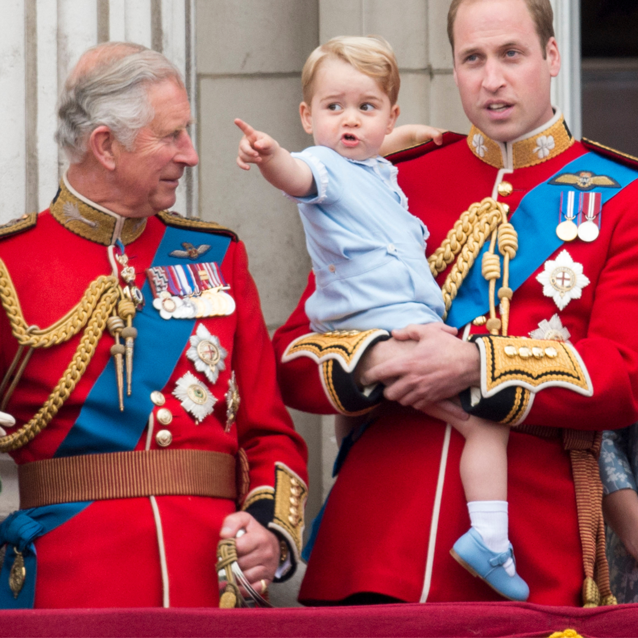  Prince Charles, Prince of Wales with Prince William, Duke of Cambridge and Prince George of Cambridge during the annual Trooping The Colour ceremony at Buckingham Palace on June 13, 2015 in London, England. 