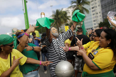 A man uses a mask, depicting former Brazilian president Luiz Inacio Lula da Silva during a pro-government demonstration near Copacabana beach in Rio de Janeiro, Brazil May 26, 2019. REUTERS/Ricardo Moraes