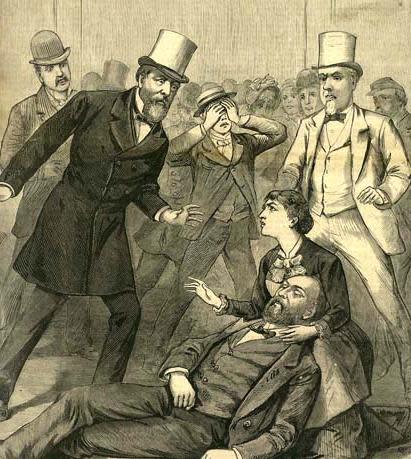 An engraving shows President James Garfield felled by an assassin’s bullets in July 1881.