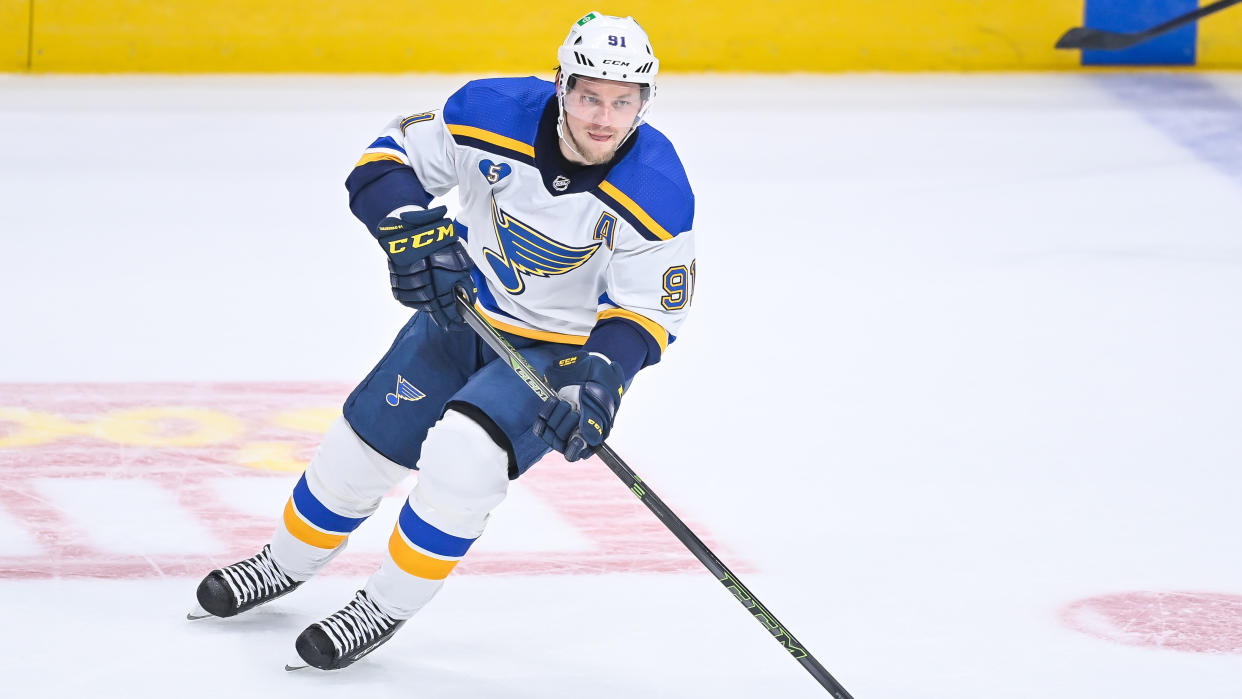 DENVER, CO - MAY 17: St. Louis Blues right wing Vladimir Tarasenko (91) skates during a Stanley Cup Playoffs first round game between the St. Louis Blues and the Colorado Avalanche at Ball Arena in Denver, Colorado on May 17, 2021. (Photo by Dustin Bradford/Icon Sportswire via Getty Images)