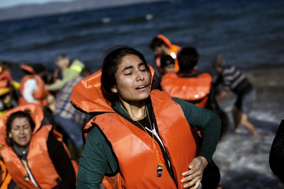 A woman arrives on Lesbos, Greece, on Oct. 28, 2015.