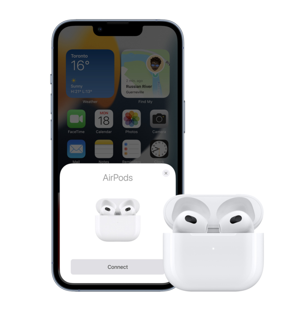 AirPods (3rd generation) in case next to iphone with airpods icon