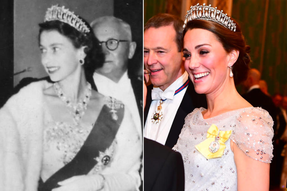 <p>The tiara Kate favors <a href="https://people.com/royals/cambridge-lovers-knot-tiara-princess-diana-kate-middleton-and-more/" rel="nofollow noopener" target="_blank" data-ylk="slk:is most associated with her late mother-in-law, Princess Diana," class="link ">is most associated with her late mother-in-law, Princess Diana,</a> but the Queen was also seen in it frequently throughout the 1950s before turning to other styles. </p>