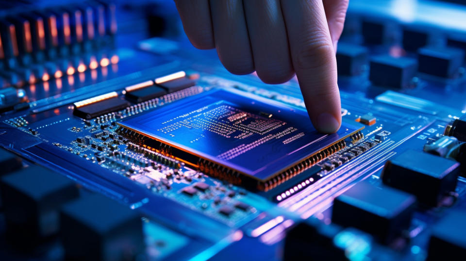 A close up view of mmWave Integrated Circuits with a technician pointing out the intricate components.