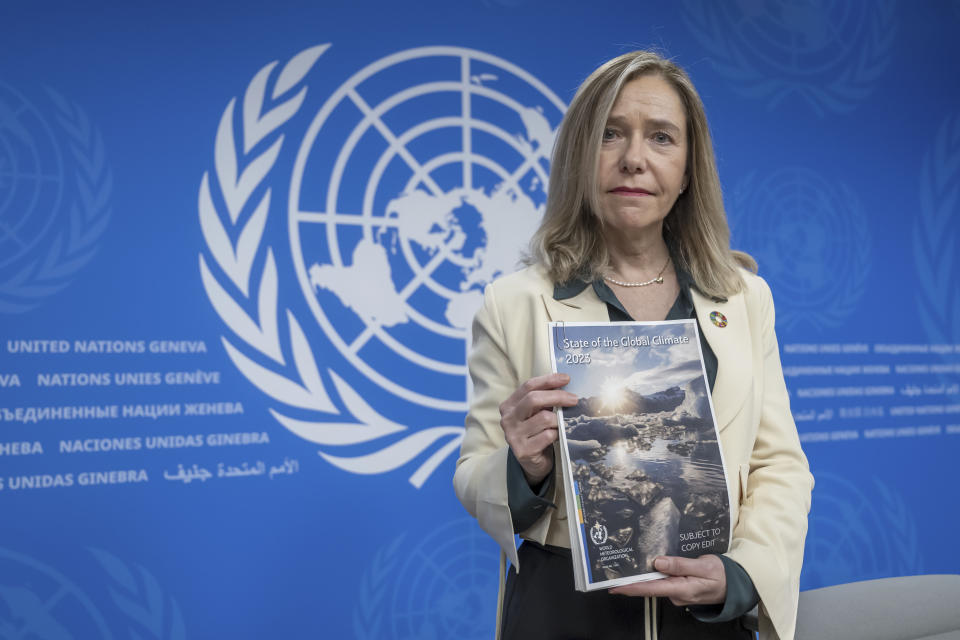 Celeste Saulo, World Meteorological Organization (WMO) Secretary-General, speaks about the state of Global Climate 2023, during a press conference at the European headquarters of the United Nations in Geneva, Switzerland, Tuesday, March 19, 2024. The U.N. weather agency is sounding a “red alert” about global warming, citing record-smashing increases last year in greenhouse gases, land and water temperatures and melting of glaciers and sea ice, and warning that the world's efforts to reverse the trend have been inadequate. (Martial Trezzini/Keystone via AP)