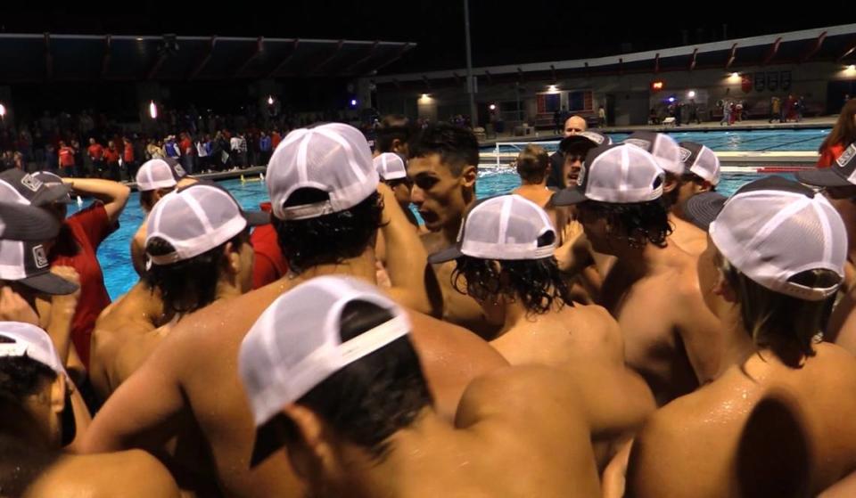 The Buchanan High boys water polo gathers after winning the Central Section Division I title on Saturday, Nov. 11, 2023. ANTHONY GALAVIZ/agalaviz@fresnobee.com