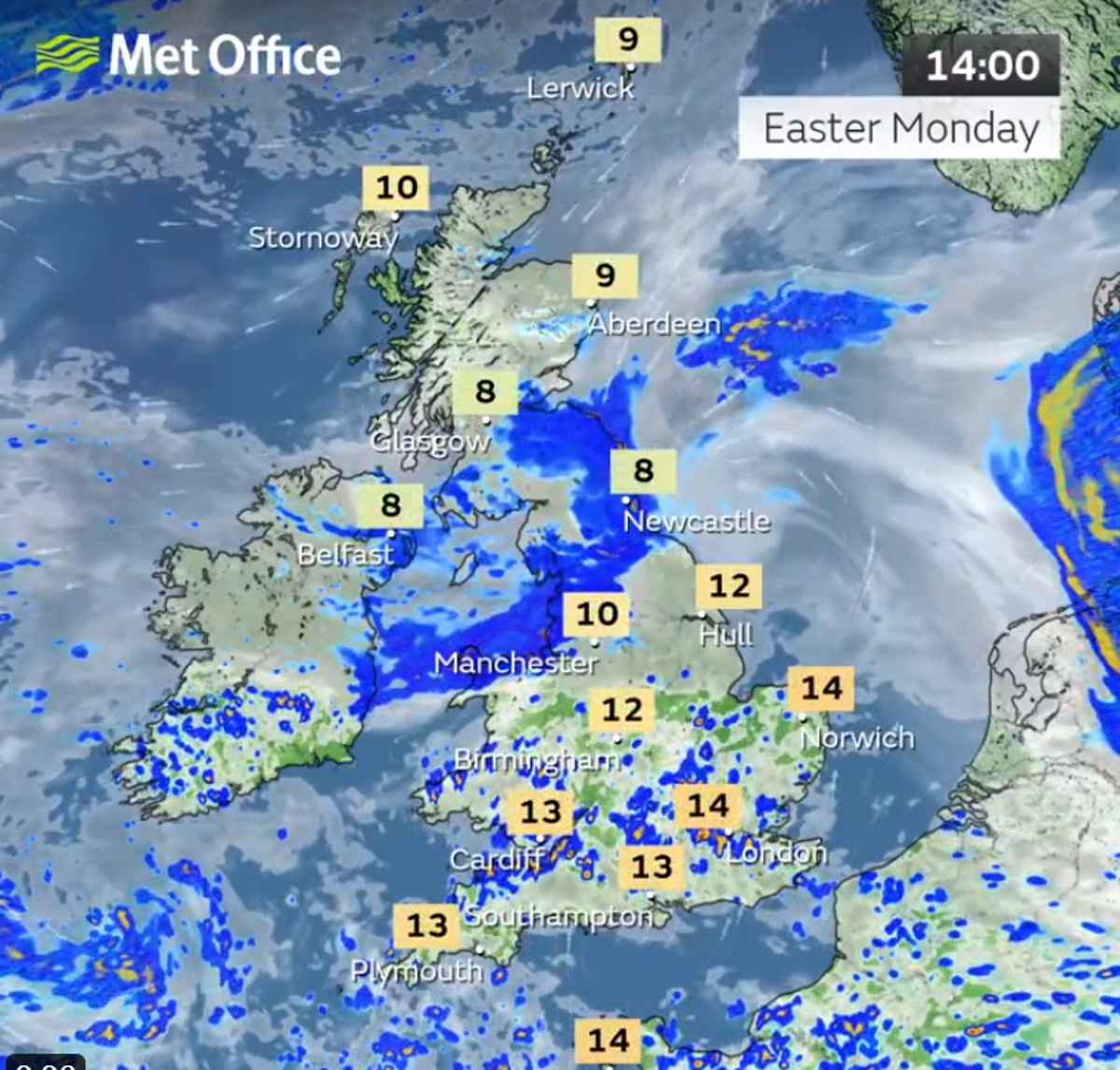 Rain pushes northwards towards southern Scotland through the afternoon (Met Office)