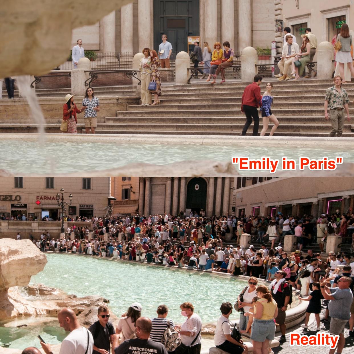 The crowds at the Trevi Fountain in "Emily in Paris" and real life.