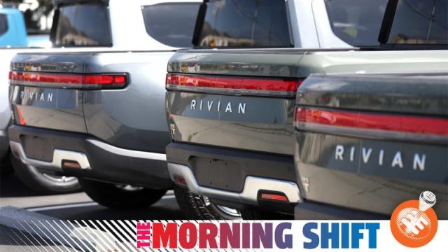 A row of Rivian R1T trucks parked together, seen from the rear-quarter view, with the Jalopnik &quot;The Morning Shift&quot; banner overlaid.