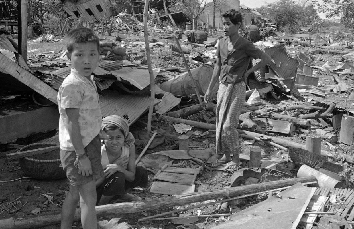 The aftermath of U.S. bombs in Neak Luong, Cambodia, on Aug. 7, 1973. <a href="https://newsroom.ap.org/detail/CambodiaDestructionNeakLuong/64e54641784d404d8be12149a0b65694/photo?Query=US%20bombing%20cambodia&mediaType=photo,video,graphic,audio&sortBy=arrivaldatetime:asc&dateRange=Anytime&totalCount=49&currentItemNo=23" rel="nofollow noopener" target="_blank" data-ylk="slk:AP Photo;elm:context_link;itc:0;sec:content-canvas" class="link ">AP Photo</a>