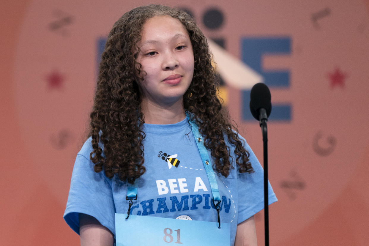 Akira Harris, 14, from Stuttgart, Germany, competes during the Scripps National Spelling Bee, in Oxon Hill, Md., Tuesday, May 31, 2022. (AP Photo/Jacquelyn Martin)