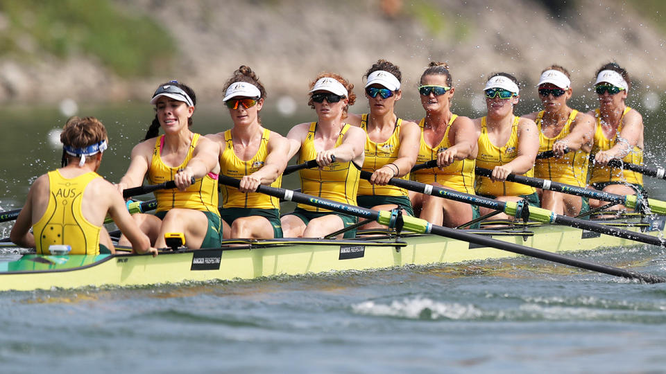 Georgie Rowe (fourth from right), in action for Australia at the 2019 World Rowing Championships. (Photo by Naomi Baker/Getty Images)