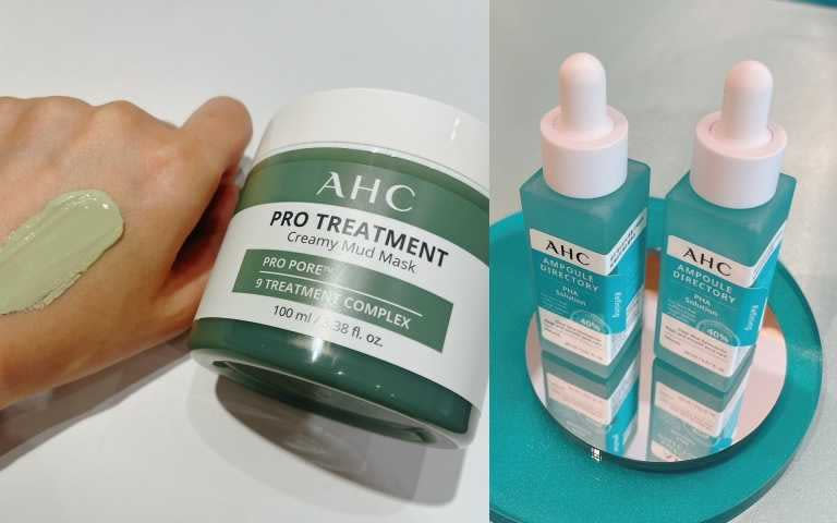 AHC濟州島毛孔淨化火山泥膜100ml/780元；AHC 40%複合琥珀酸 毛孔緊緻精華20ml/880元（圖／品牌提供）