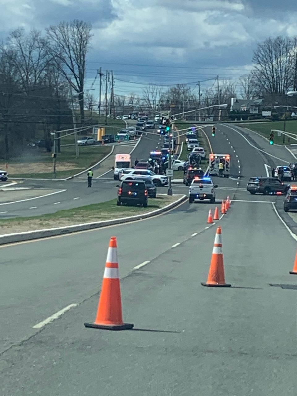 Police close Route 10 at Dover-Chester Road in Randolph Friday after an alleged carjacker crashed there following a failed bank-robbery attempt in Mount Olive, police allege