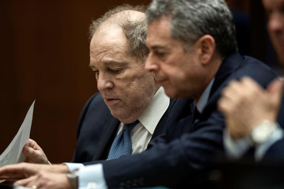 <div class="inline-image__caption"><p>Former film producer Harvey Weinstein (L) interacts with his attorney Mark Werksman in court.</p></div> <div class="inline-image__credit">POOL</div>