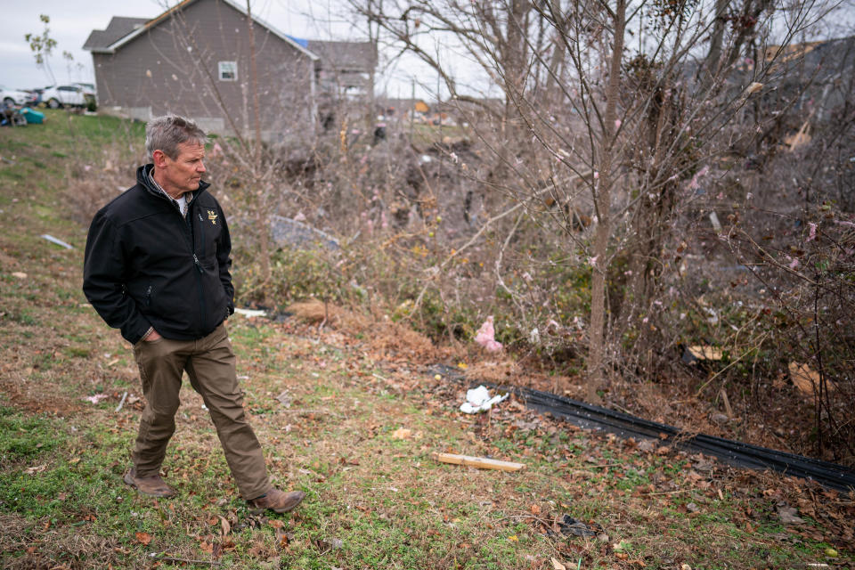 Gov. Bill Lee tours tornado damage in Clarksville, Tenn., Sunday, Dec. 10, 2023. Tornadoes struck Middle Tennessee on Saturday, killing at least six people and leaving more than 160,000 Middle Tennessee residents without power.