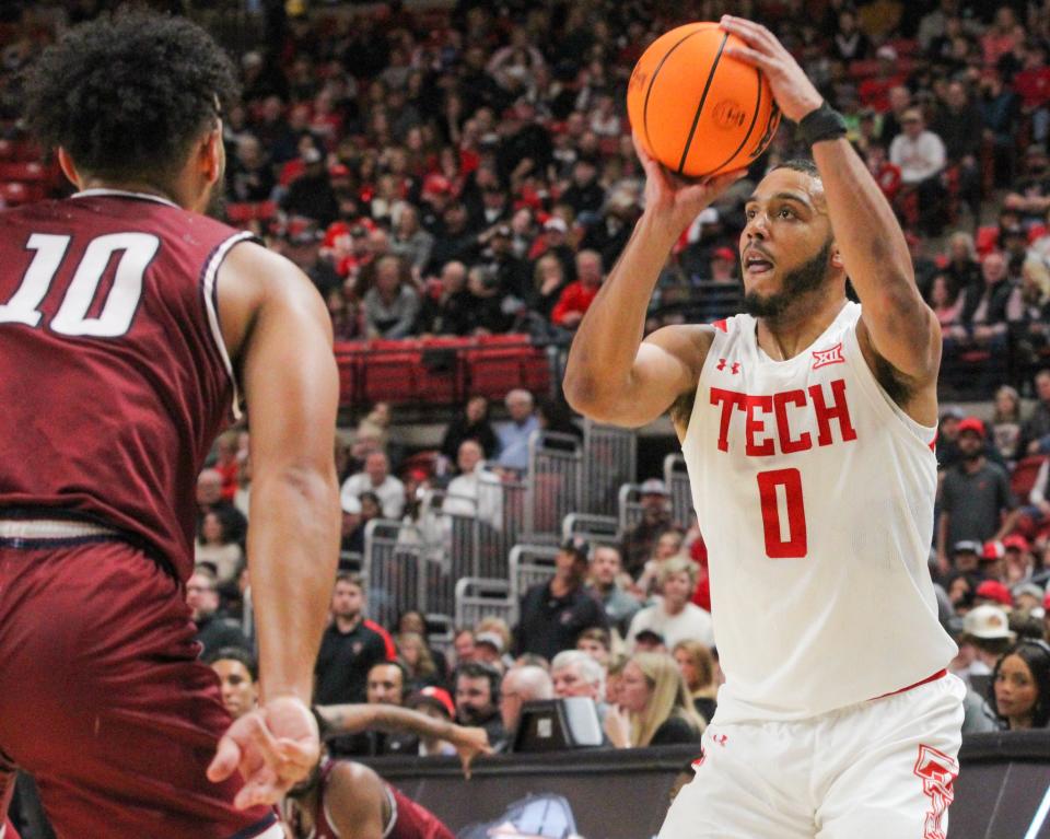 Texas Tech's Kevin Obanor prepares to shoot during a non-conference men's basketball game on Tuesday, December 27, 2022 in United Supermarkets Arena.