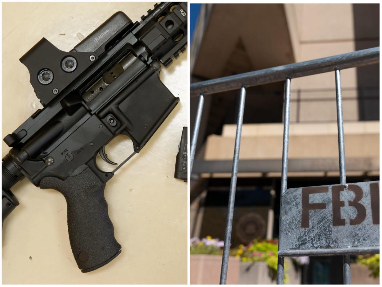This side-by-side photo shows an assault-style rifle, left, and a barricaded FBI headquarters in Washington, DC, right.