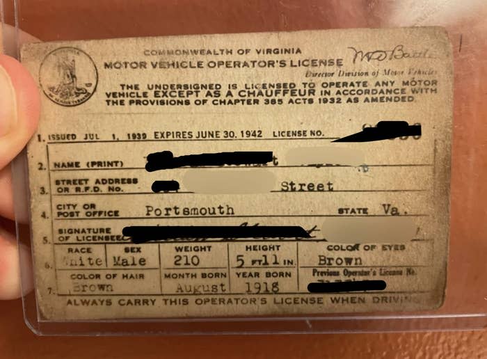 An old Virginia driver's license for William Stewart, issued in 1939, expired in 1942. Contains personal information and a signature