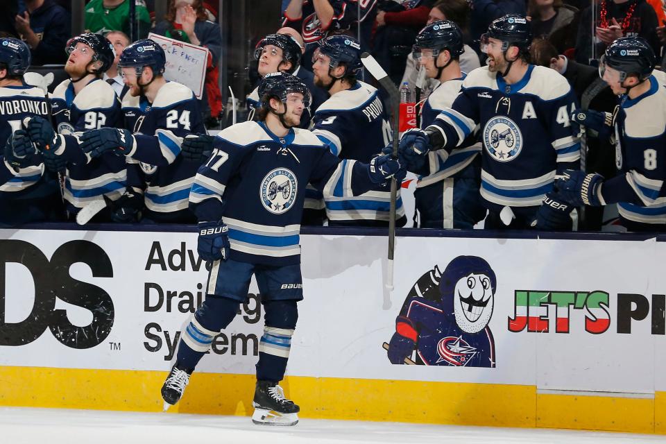 Apr 6, 2024; Columbus, Ohio, USA; Columbus Blue Jackets defenseman Nick Blankenburg (77) celebrates his goal against the Philadelphia Flyers during the second period at Nationwide Arena. Mandatory Credit: Russell LaBounty-USA TODAY Sports