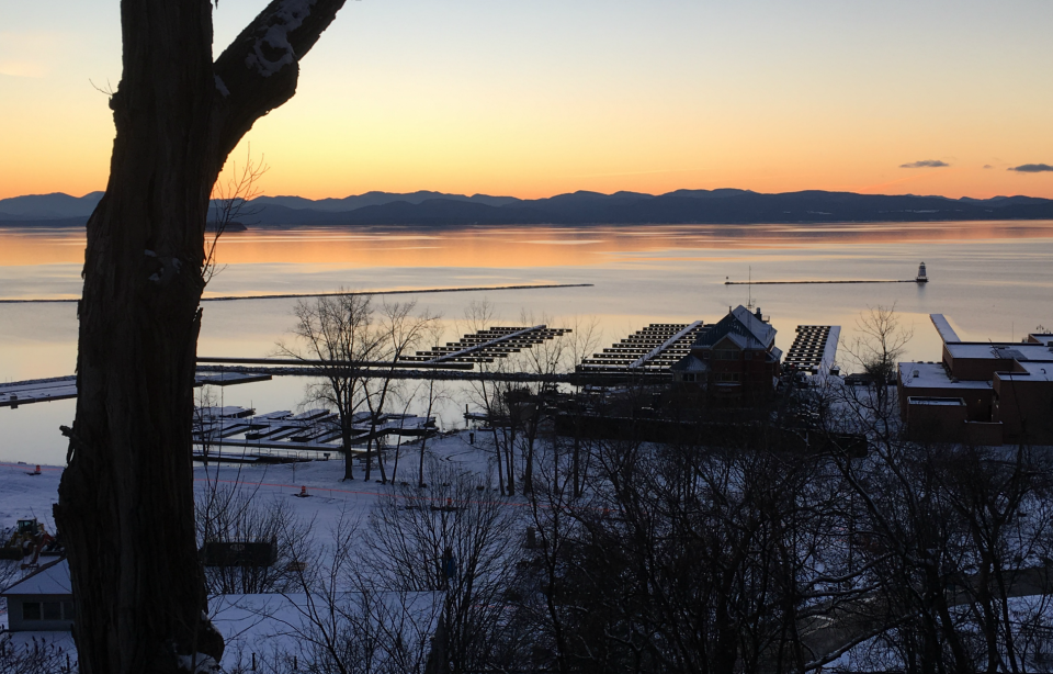 Docks for the new Burlington Harbor Marina lie in place beyond the U.S. Coast Guard station on Dec. 25, 2018.