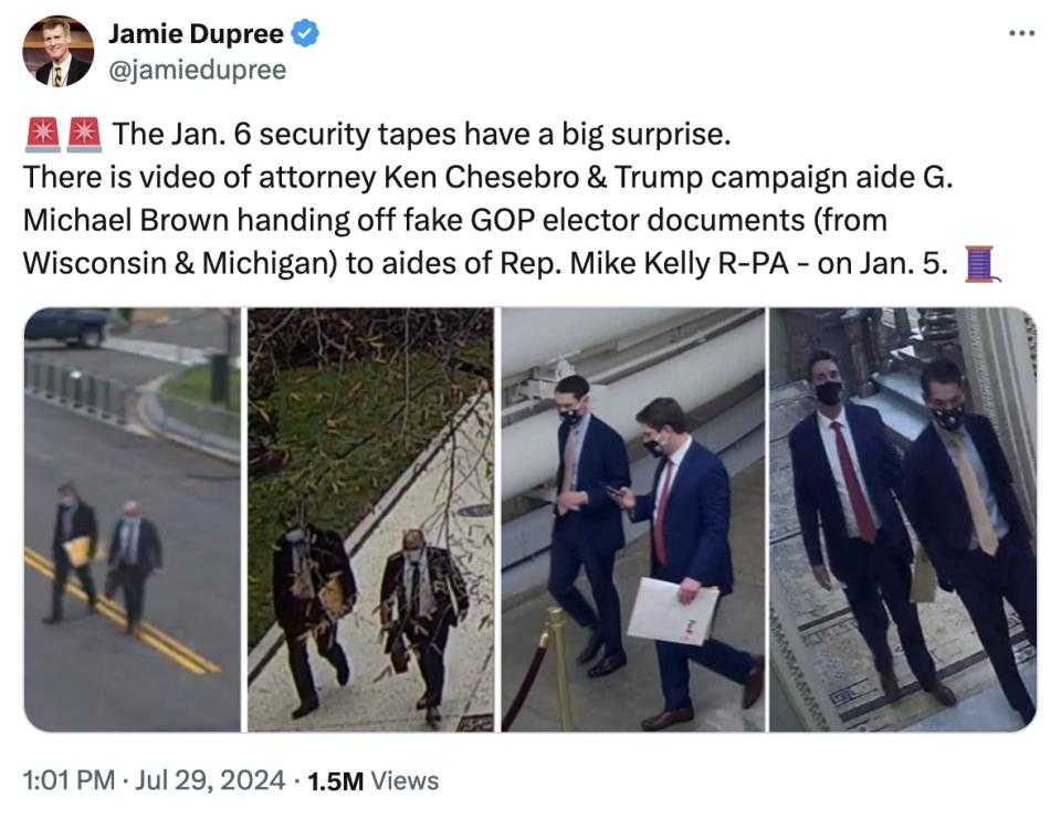 Twitter screenshot: Jamie Dupree @jamiedupree: ���� The Jan. 6 security tapes have a big surprise. There is video of attorney Ken Chesebro & Trump campaign aide G. Michael Brown handing off fake GOP elector documents (from Wisconsin & Michigan) to aides of Rep. Mike Kelly R-PA - on Jan. 5. ��