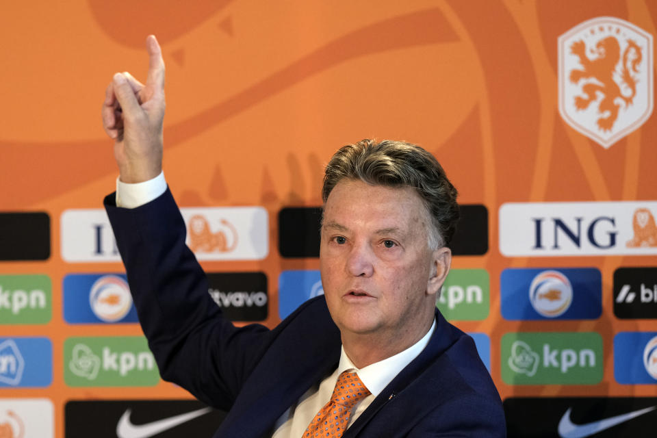 Netherlands coach Louis van Gaal meets the media to announce the Netherlands World Cup 2022 squad, at the KNVB Campus in Zeist, Netherlands, Friday, Nov. 11, 2022. (AP Photo/Patrick Post)