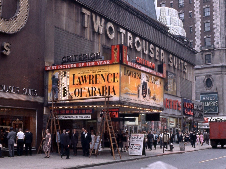 An exterior shot of the Criterion Theater marquee featuring "Lawrence Of Arabia" in the heart of Times Square, Manhattan, in 1963.