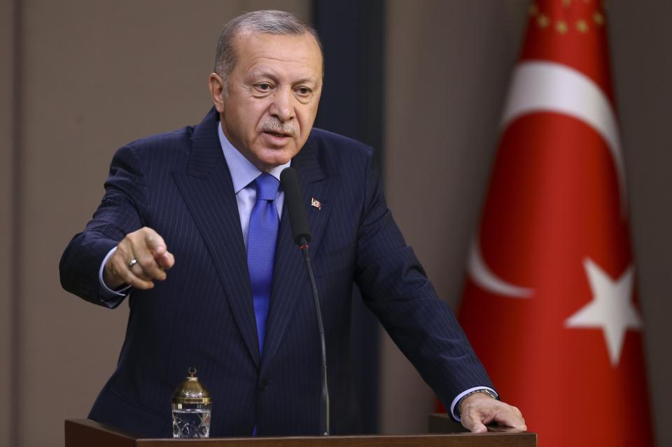 Turkish President Recep Tayyip Erdogan makes a speech during a press conference in Ankara, Turkey, Nov. 12, 2019. (Photo: Ercin Top/Anadolu Agency via Getty Images)