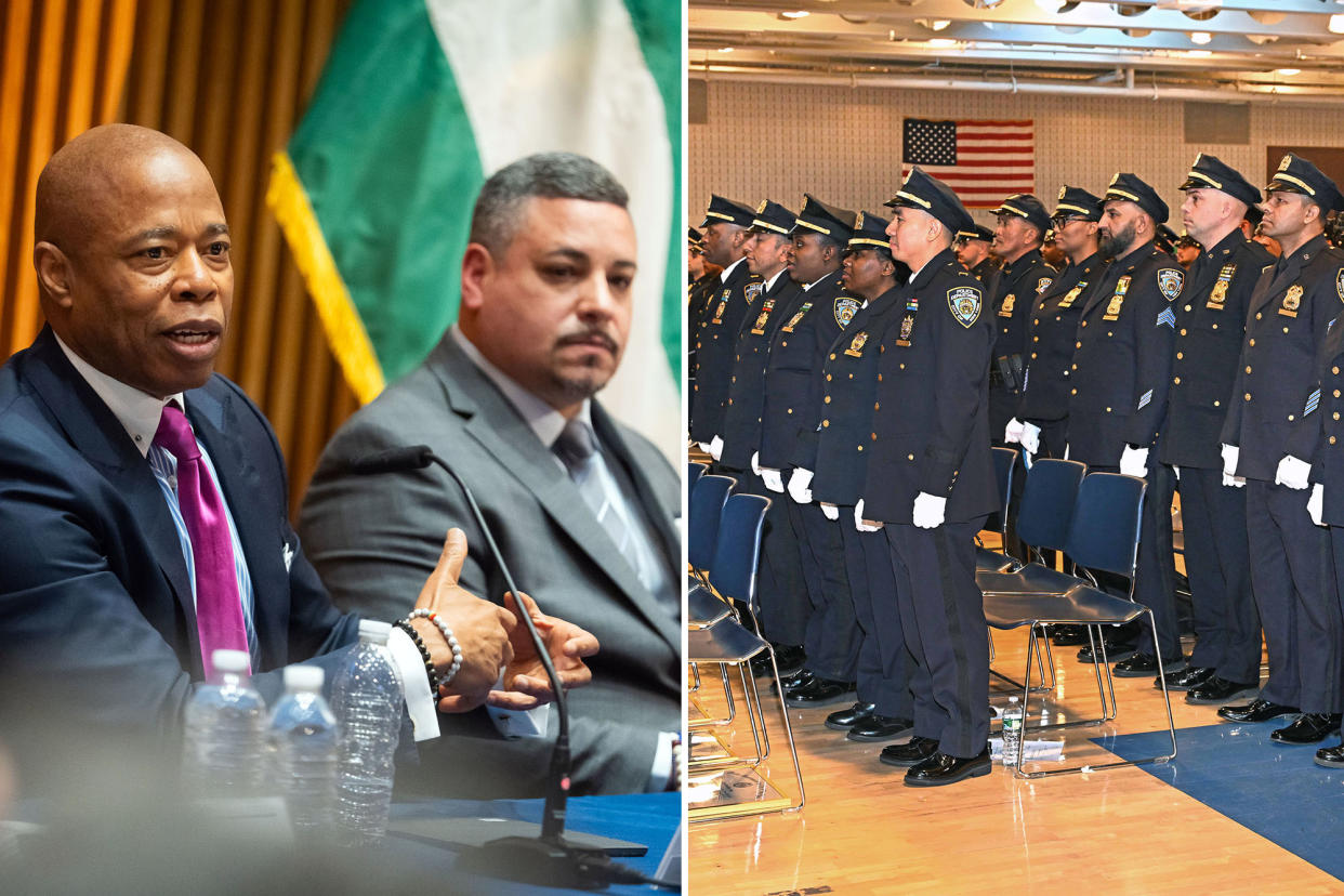 composite image: mayor adams and nypd commissioner edward caban, left; police promotion ceremony, right