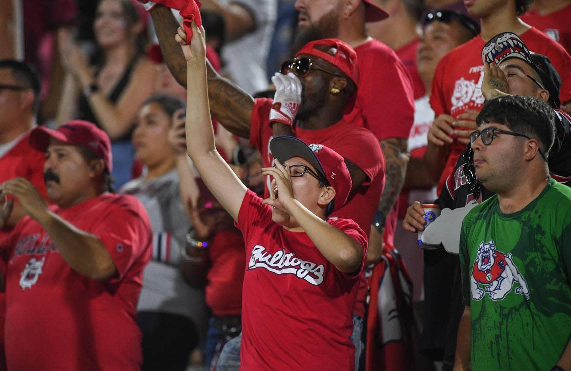 Fresno State fans cheer on the Bulldogs in their game against Oregon State at Valley Children’s Stadium in Fresno on Saturday, Sept. 10, 2022.