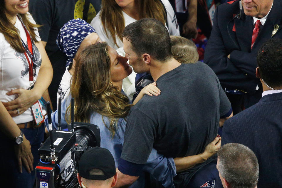 Gisele Bundchen celebrates with husband Tom Brady after the New England Patriots' victory in the 2017 Super Bowl