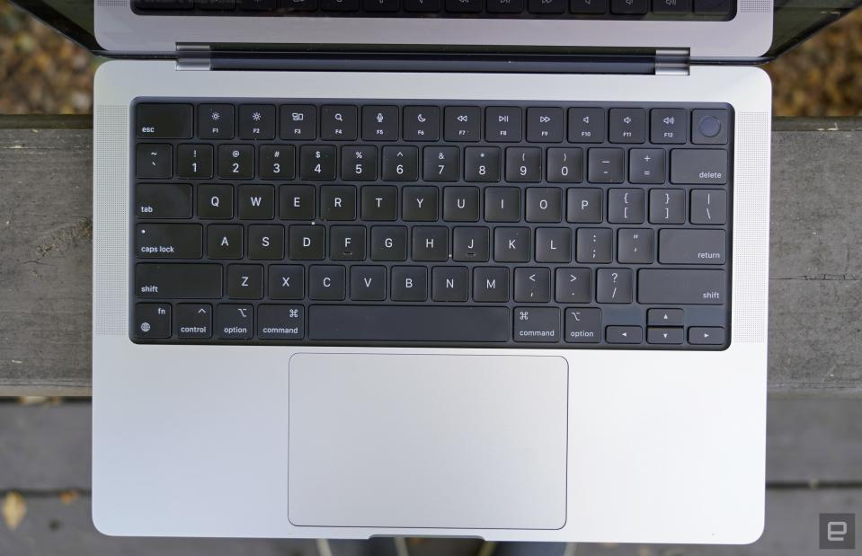 <p>Apple MacBook Pro 14-inch keyboard from above</p>
