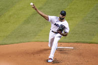 Miami Marlins starting pitcher Sandy Alcantara throws during the second inning of a baseball game against the Arizona Diamondbacks, Tuesday, May 4, 2021, in Miami. (AP Photo/Lynne Sladky)