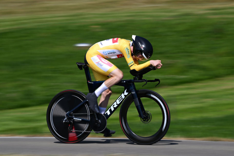 ABTWILL SWITZERLAND  JUNE 18 Mattias Skjelmose Jensen of Denmark and Team TrekSegafredo  Yellow Leader Jersey sprints during the 86th Tour de Suisse 2023 Stage 8 a 257km individual time trial from St Gallen to Abtwil  UCIWT  on June 18 2023 in Abtwil Switzerland Photo by Dario BelingheriGetty Images