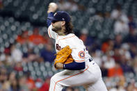 Houston Astros starting pitcher Lance McCullers Jr. throws against the Los Angeles Angels during the first inning of a baseball game Tuesday, May 11, 2021, in Houston. (AP Photo/Michael Wyke)