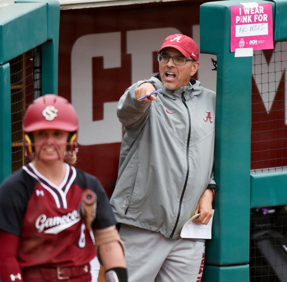 April 8, 2023; Tuscaloosa, AL, USA;  Alabama head coach Patrick Murphy gets on the home plate umpire as Alabama faced South Carolina in game three of the weekend series in Rhoads Stadium. 