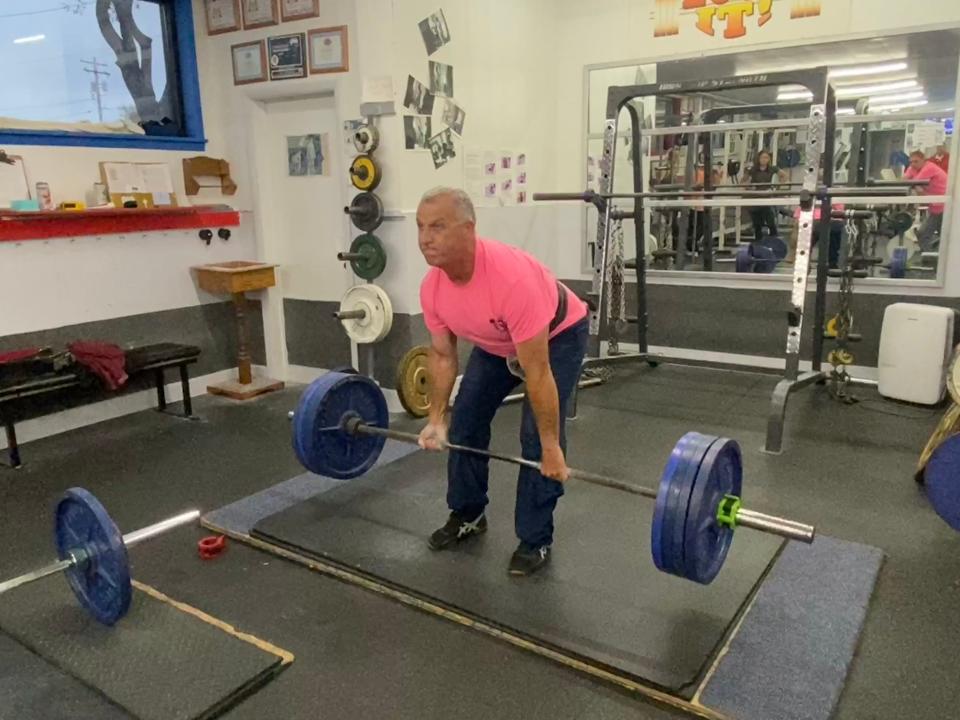 Pat Huntley, 57, deadlifts during a training session at Joe’s Gym on West Ridge Road.