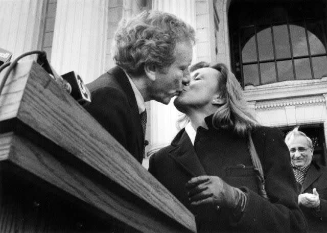 <p>Paula Bronstein/Tribune News Service via Getty</p> Joe Lieberman kisses his wife, Hadassah, after announcing his candidacy for U.S. Senate on Feb. 22, 1988