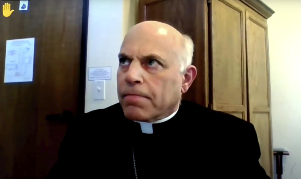 In this image taken from video, the Rev. Salvatore Cordileone, archbishop of San Francisco, rejects an agenda motion during the U.S. Conference of Catholic Bishops' virtual assembly on Wednesday, June 16, 2021. (United States Conference of Catholic Bishops via AP)