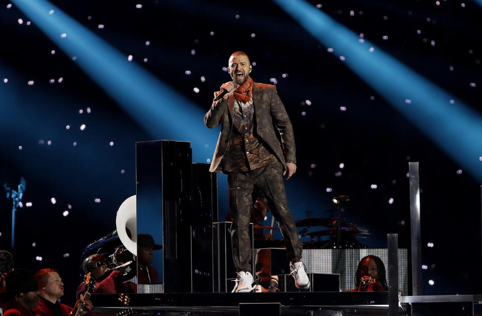 FILE - Justin Timberlake performs during halftime of the NFL Super Bowl 52 football game between the Philadelphia Eagles and the New England Patriots in Minneapolis on Feb. 4, 2018. (AP Photo/Matt Slocum, File)