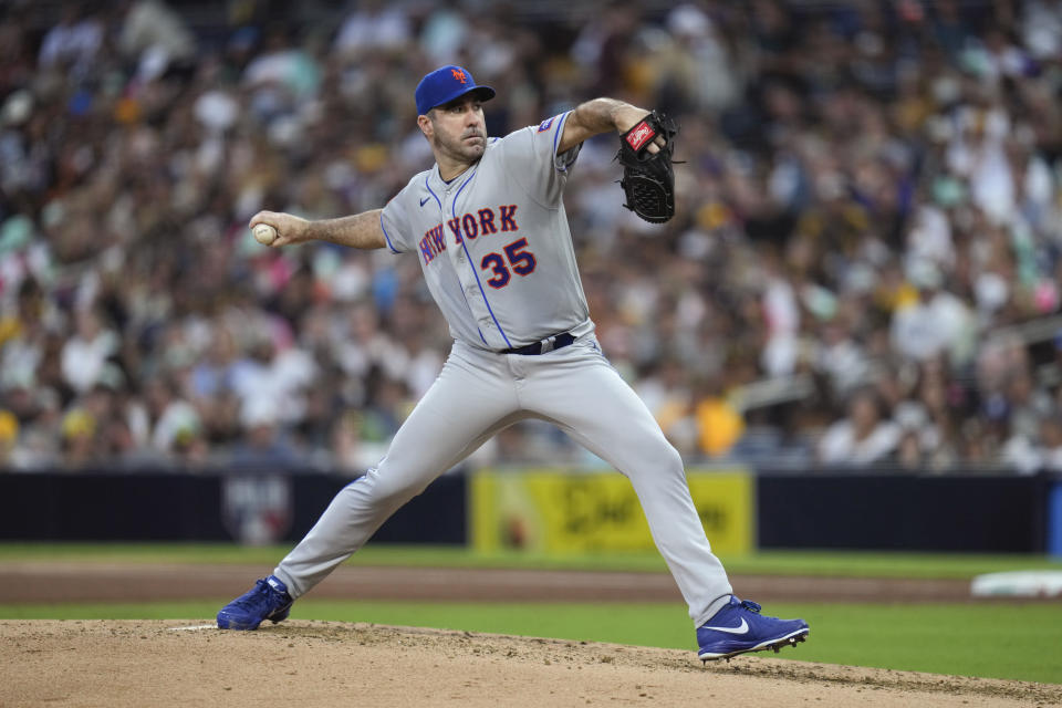 New York Mets starting pitcher Justin Verlander works against a San Diego Padres batter during the fourth inning of a baseball game Friday, July 7, 2023, in San Diego. (AP Photo/Gregory Bull)