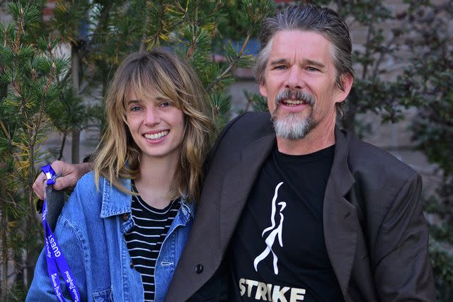 <p>Vivien Killilea/Getty </p> Maya Hawke and Ethan Hawke attend the world premiere of Wildcat at the 50th Telluride Film Festival on September 01, 2023