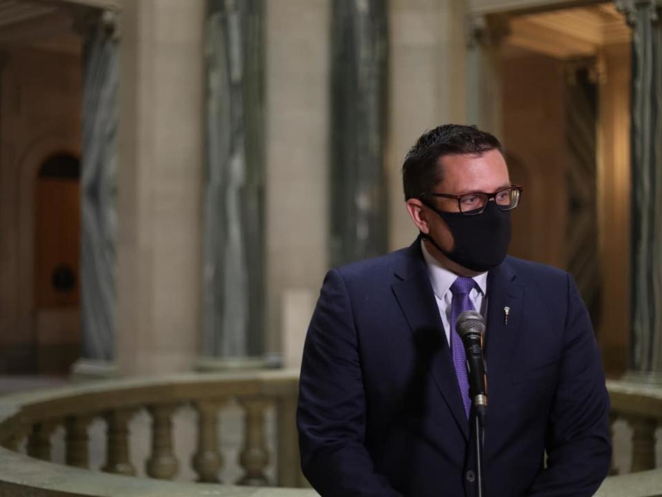 Health Minister Paul Merriman at a post-Question Period scrum on Nov. 29, 2021.  (Matt Duguid/CBC - image credit)