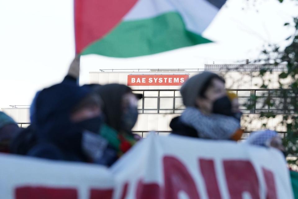 Trade unionists and protesters form a blockade outside weapons manufacturer BAE Systems in Rochester, Kent, in protest over the Israel-Gaza conflict (PA Wire)