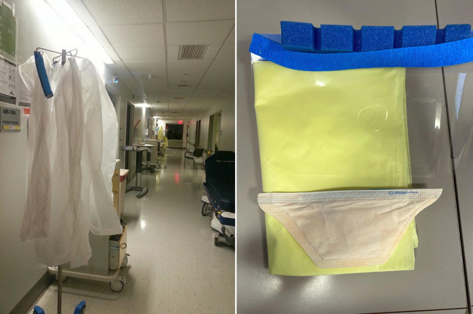 Left, a face shield, a mask and a gown were the protective equipment supplied to a nurse at Mount Sinai West on March 26. Right, health care workers at Mount Sinai West hung gowns in the hallway between uses. (Provided to NBC News)