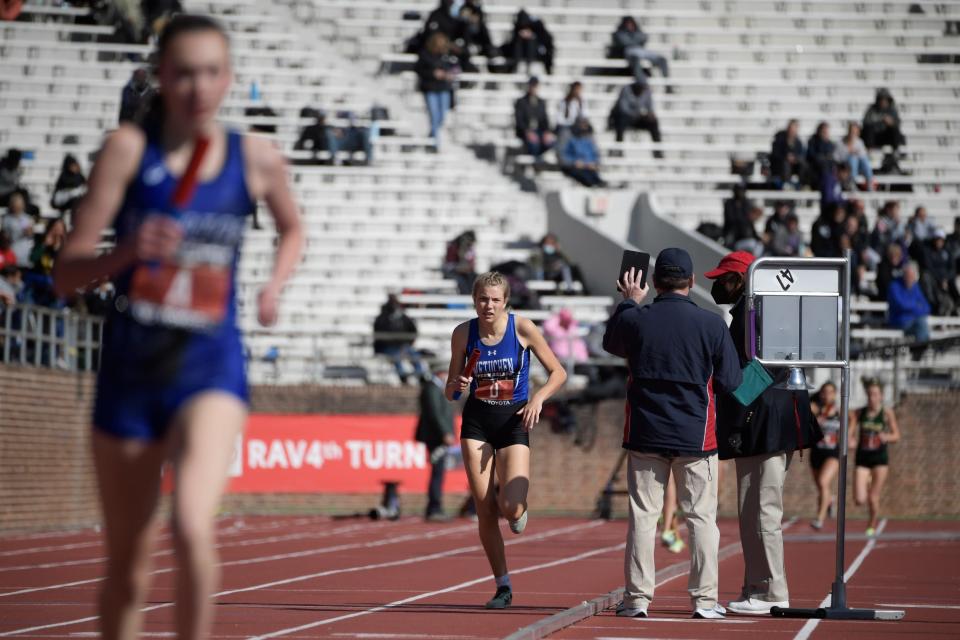 Metuchen's Sara Lignell competes in the High School Girls' Distance Medley Championship of America Thursday, April 28, 2022 at the Penn Relays in Philadelphia, Pa. Metuchen placed second in the event.