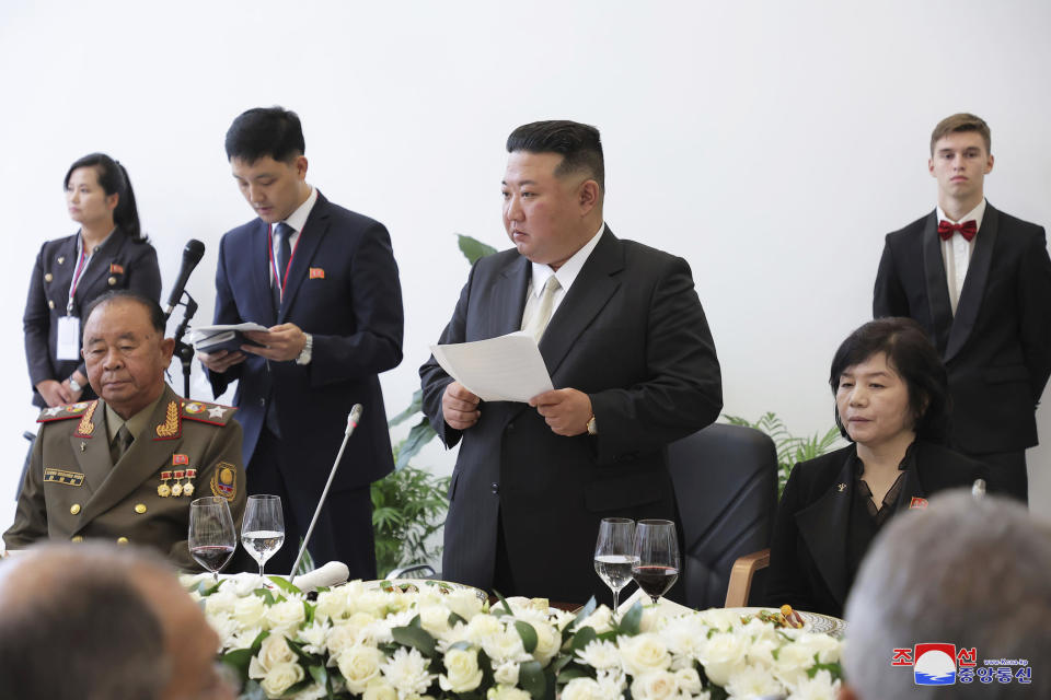 In this photo provided by the North Korean government, North Korean leader Kim Jong Un, center, speaks at a welcome ceremony for him at the Vostochny cosmodrome outside the city of Tsiolkovsky, about 200 kilometers (125 miles) from the city of Blagoveshchensk in the far eastern Amur region, Russia, Wednesday, Sept. 13, 2023. Independent journalists were not given access to cover the event depicted in this image distributed by the North Korean government. The content of this image is as provided and cannot be independently verified. Korean language watermark on image as provided by source reads: "KCNA" which is the abbreviation for Korean Central News Agency. (Korean Central News Agency/Korea News Service via AP)